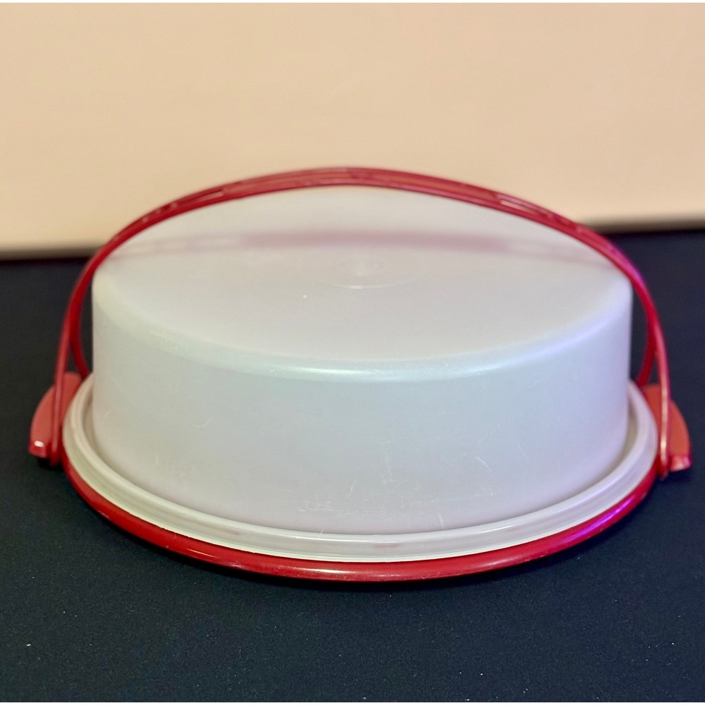 Vintage Tupperware Round Pie Cake Carrier Red Base with Handle 1241 1242